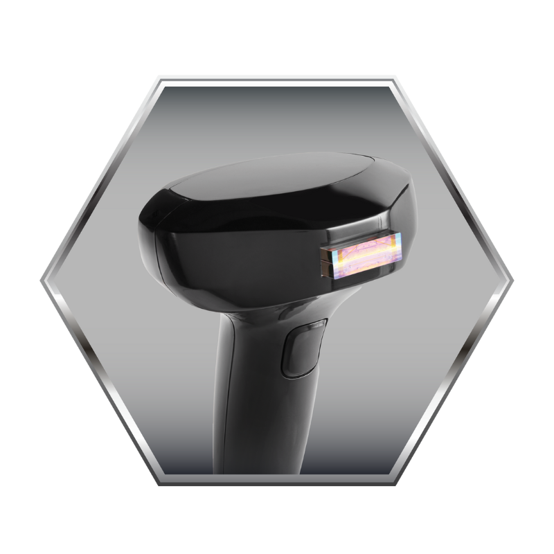 Dispositivo de depilación negro, que emite luz, dentro de un hexágono gris.