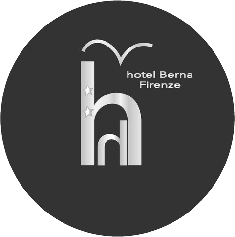 Black circular logo with stylized white “h” and text “hotel Berna Firenze” in the center
