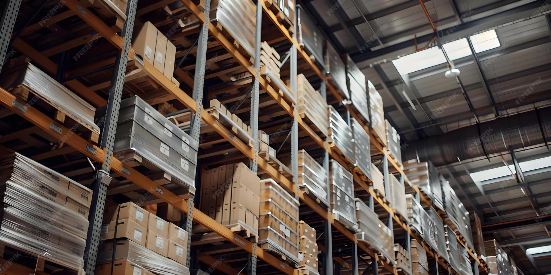 Warehouse storage racks filled with boxes and pallets under a metal ceiling with skylights.