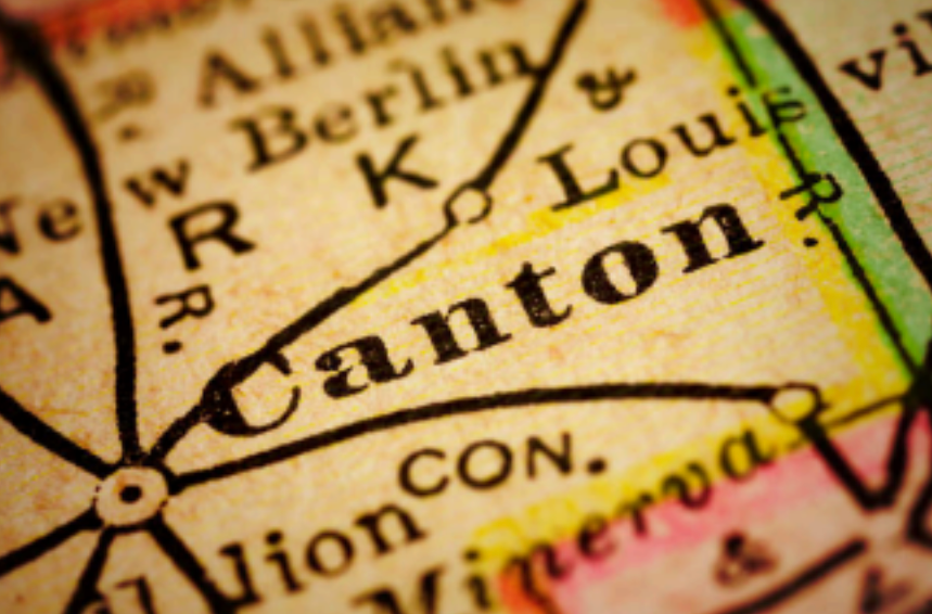 A close up of a map showing the location of canton