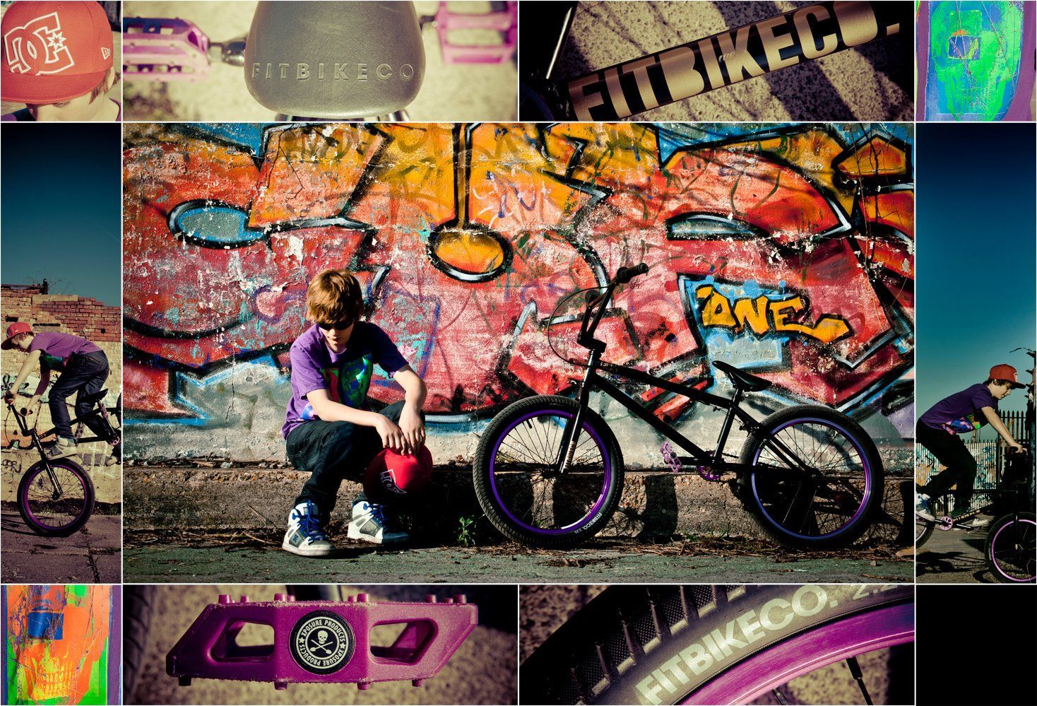 A collage of photos shows a man kneeling next to a bike and a wall with graffiti on it