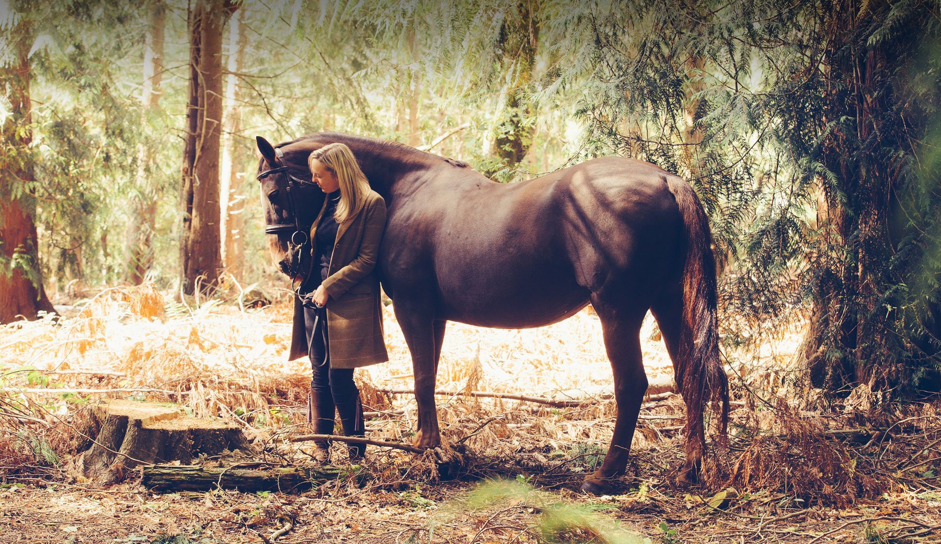 A woman is standing next to a horse in the woods.