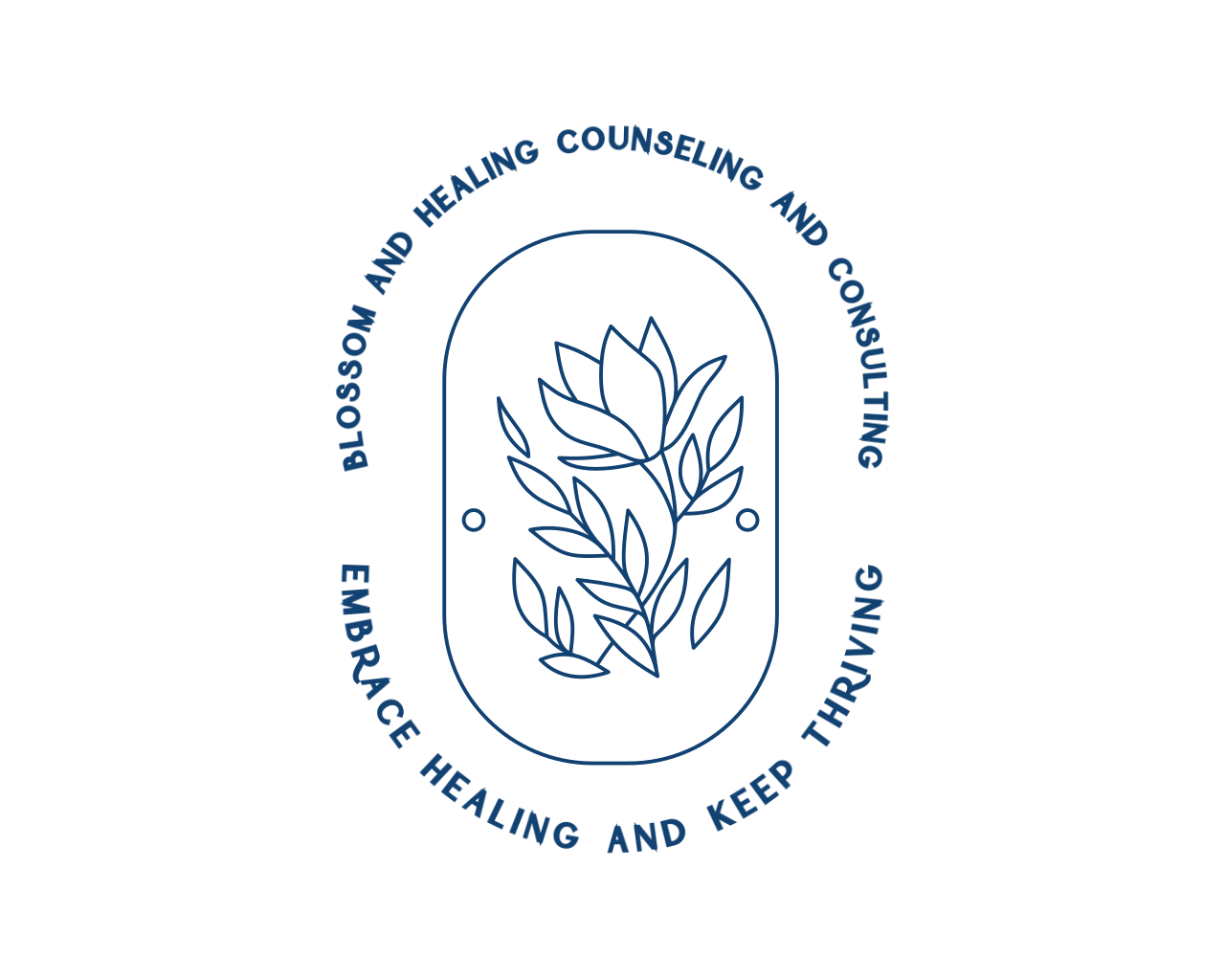 Logo: Blue flower inside an oval, surrounded by text,