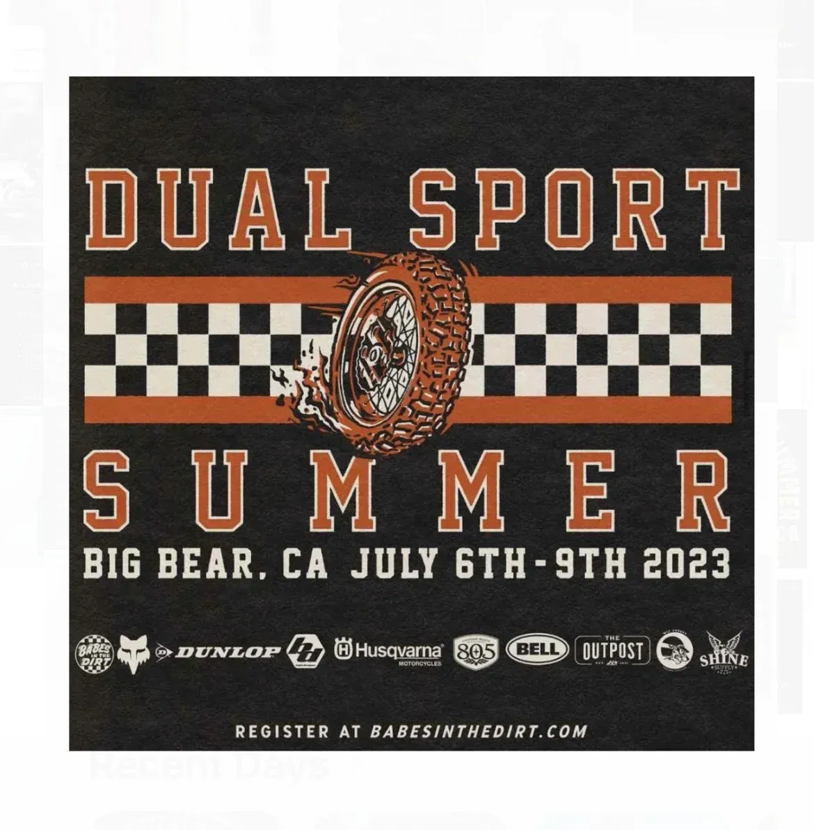 Dual Sport Summer event poster: Big Bear, CA, July 6-9, 2023, with motorcycle tire graphic and sponsor logos.