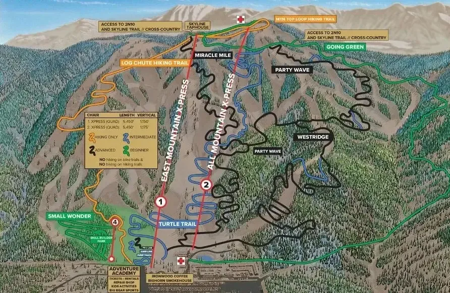 Ski resort map, aerial view of trails, lifts, and mountain terrain with trail names and difficulty levels.