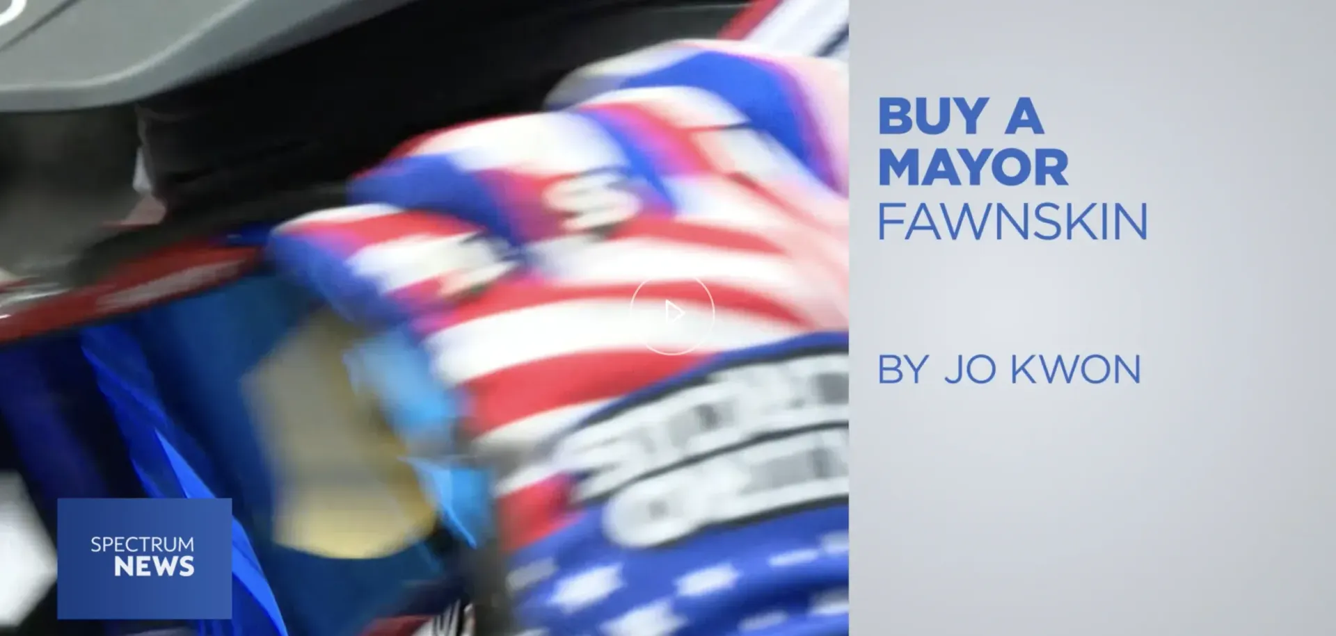 Text overlay: “Buy a Mayor Fawnskin” by Jo Kwon, with blurred colorful background.