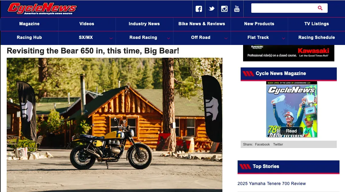 Motorcycle parked in front of a cabin, set in Big Bear.