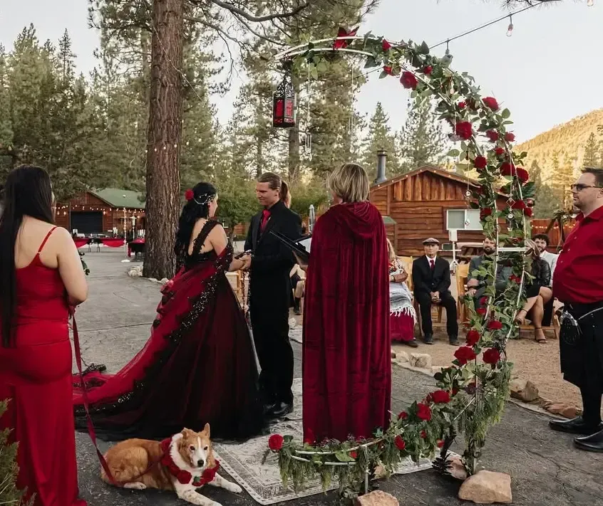 Wedding ceremony; couple at altar beneath floral arch, guests watching. Bride in red dress, dog present. Outdoor setting.