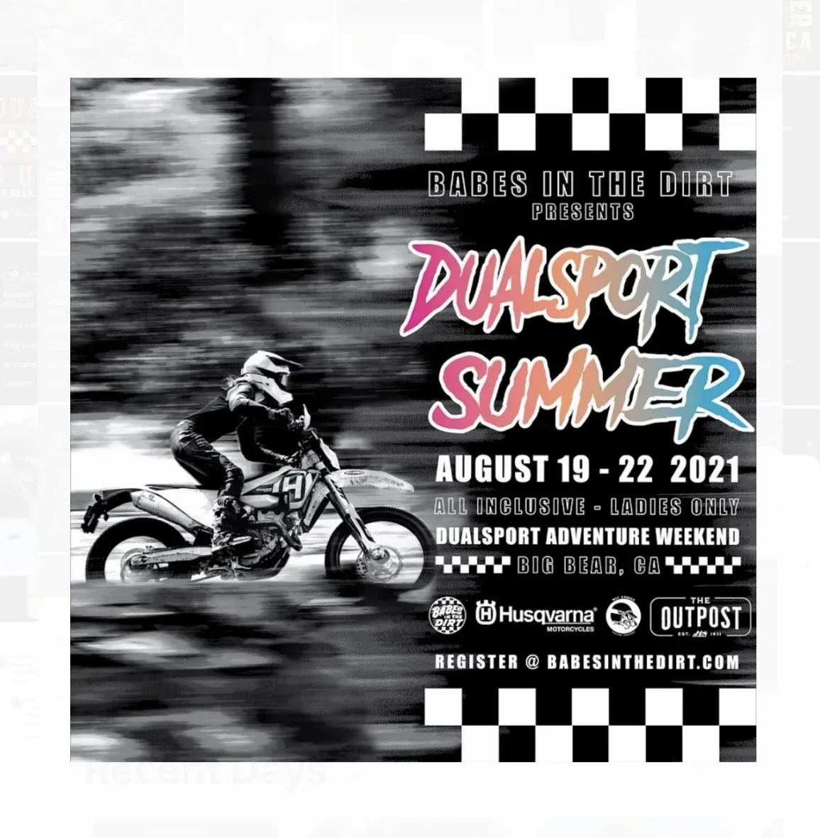 Poster for DualSport Summer, August 19-22, 2021. Features a motorcycle rider in action.