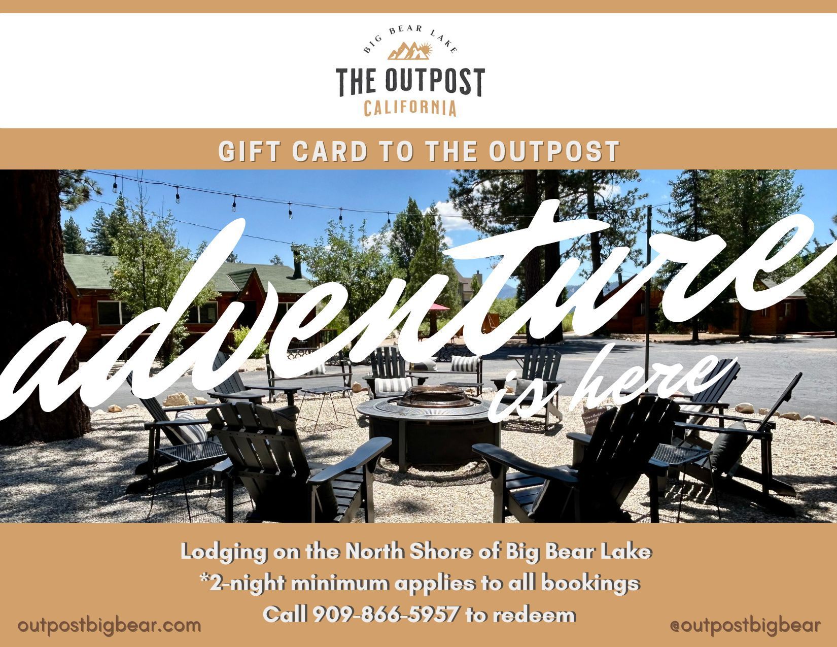 Gift card for The Outpost in Big Bear, California. Snowy mountains and the words 