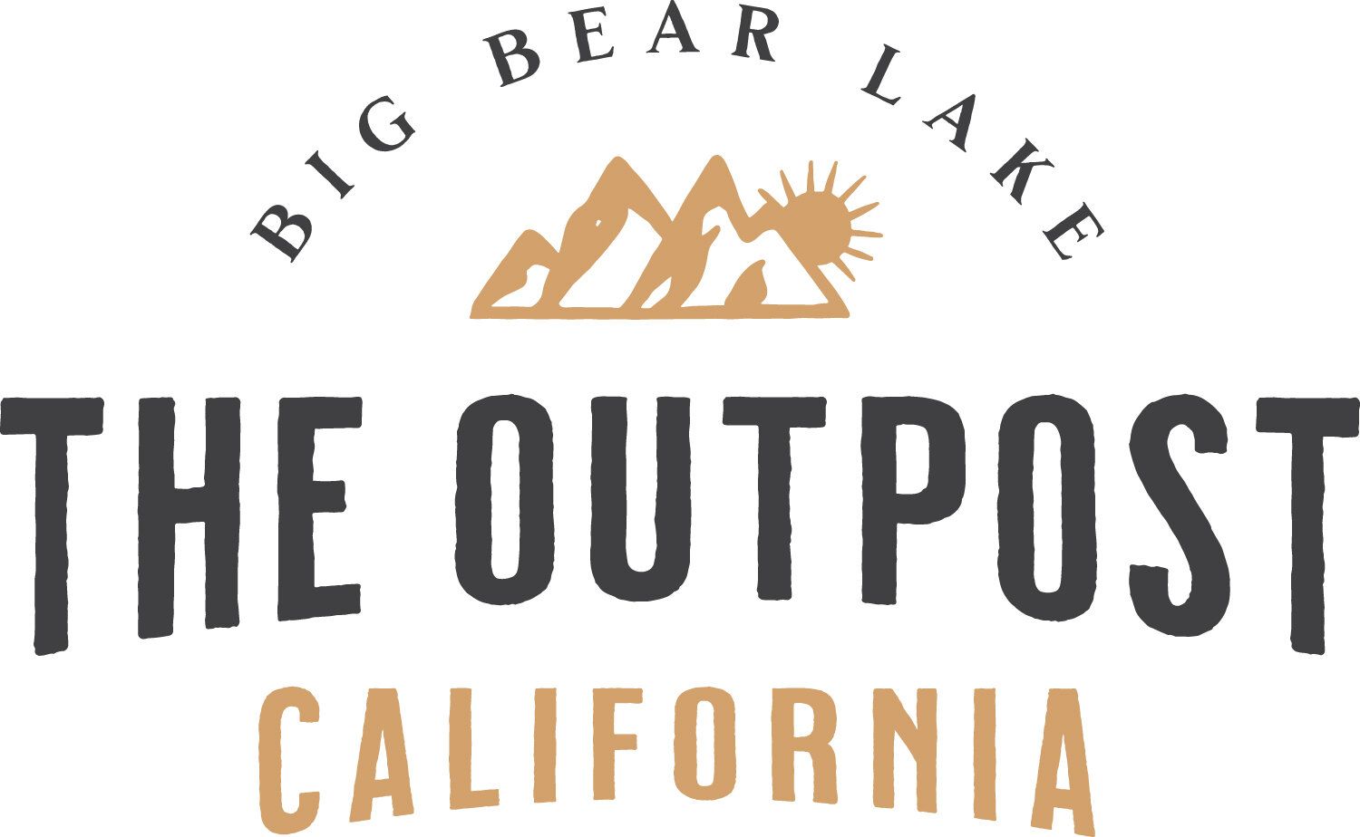 Logo for The Outpost in Big Bear Lake, California, featuring mountains, sun, and text in shades of brown and gray.