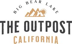Logo for The Outpost in Big Bear Lake, California, featuring mountains, sun, and text in shades of brown and gray.
