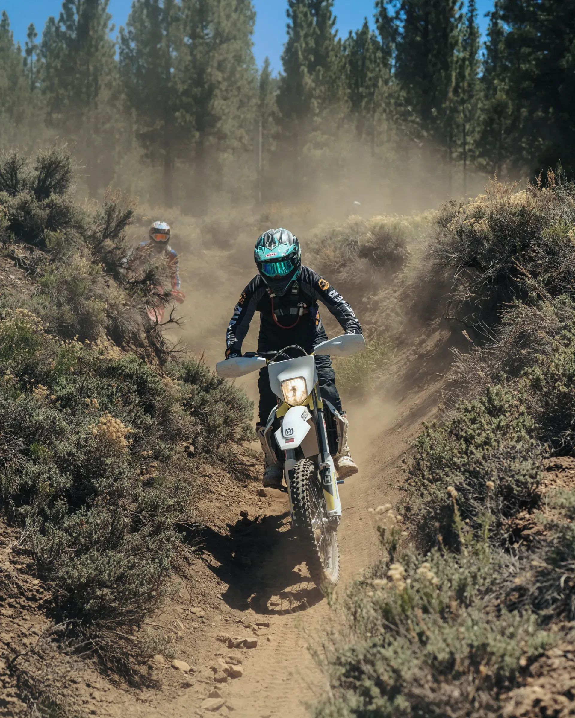 Dirt bike rider on a dusty trail, trees in background.
