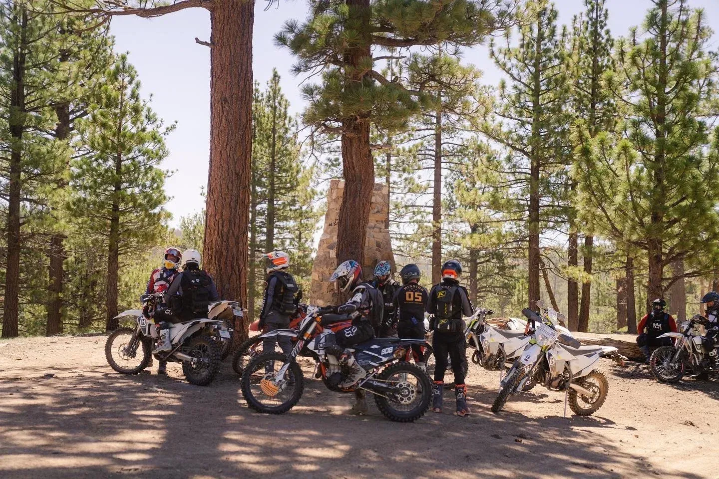 Motorcyclists in helmets and riding gear rest near motorcycles in a forest.