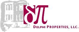 Logo for Delphi Properties, LLC, featuring a stylized "δπ" symbol in burgundy, and a building outline.