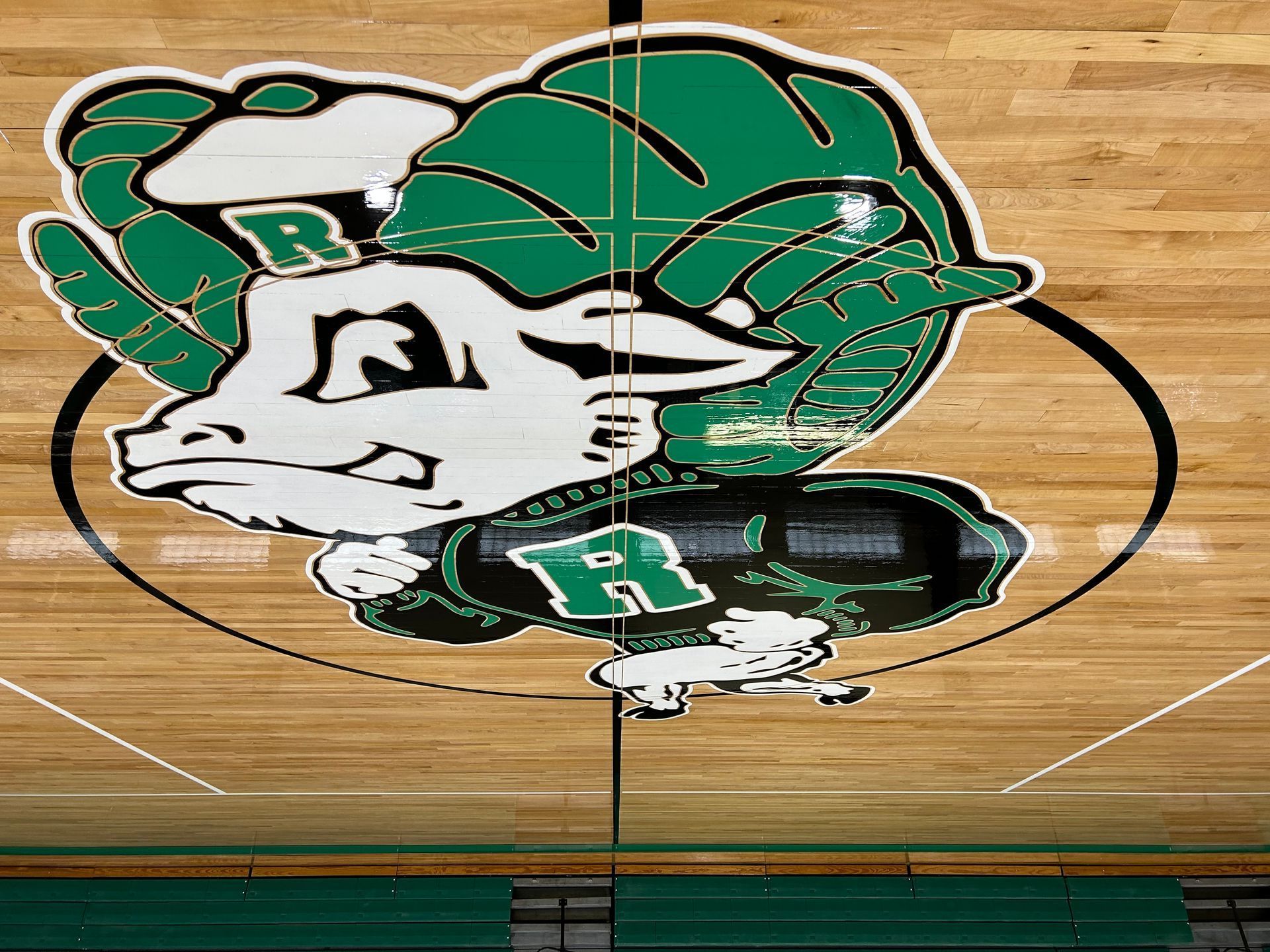 A basketball court with a green and white logo on it