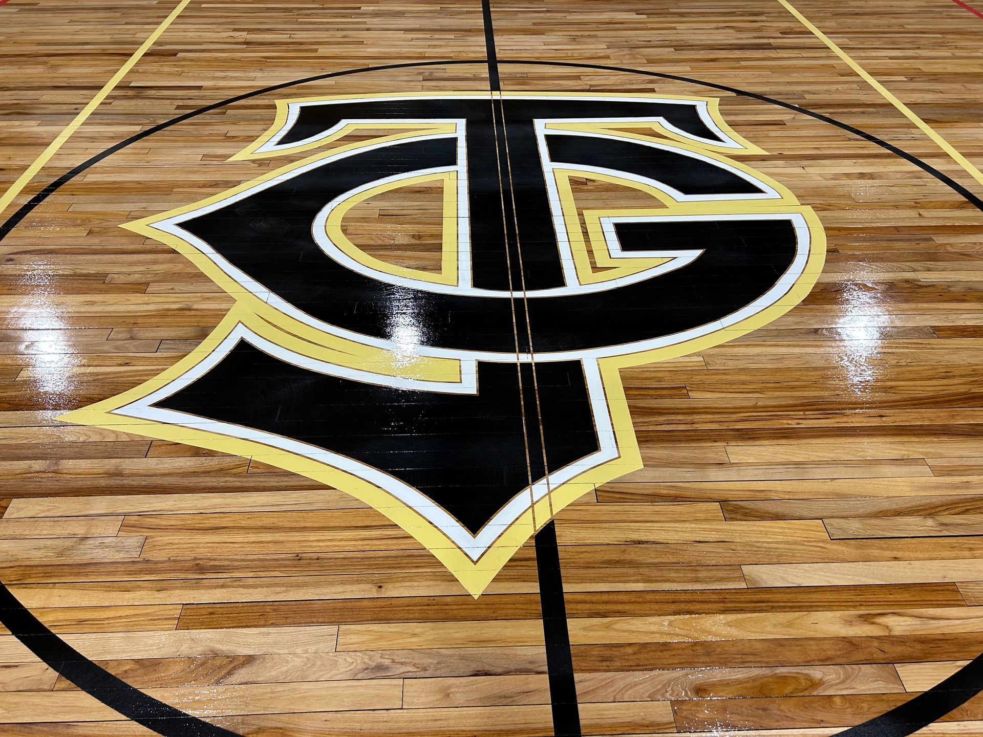 A basketball court with the letter p painted on it