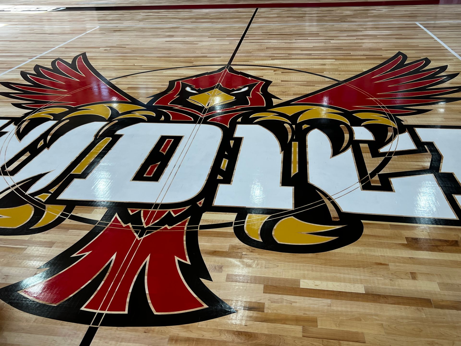 A logo on the floor of a basketball court