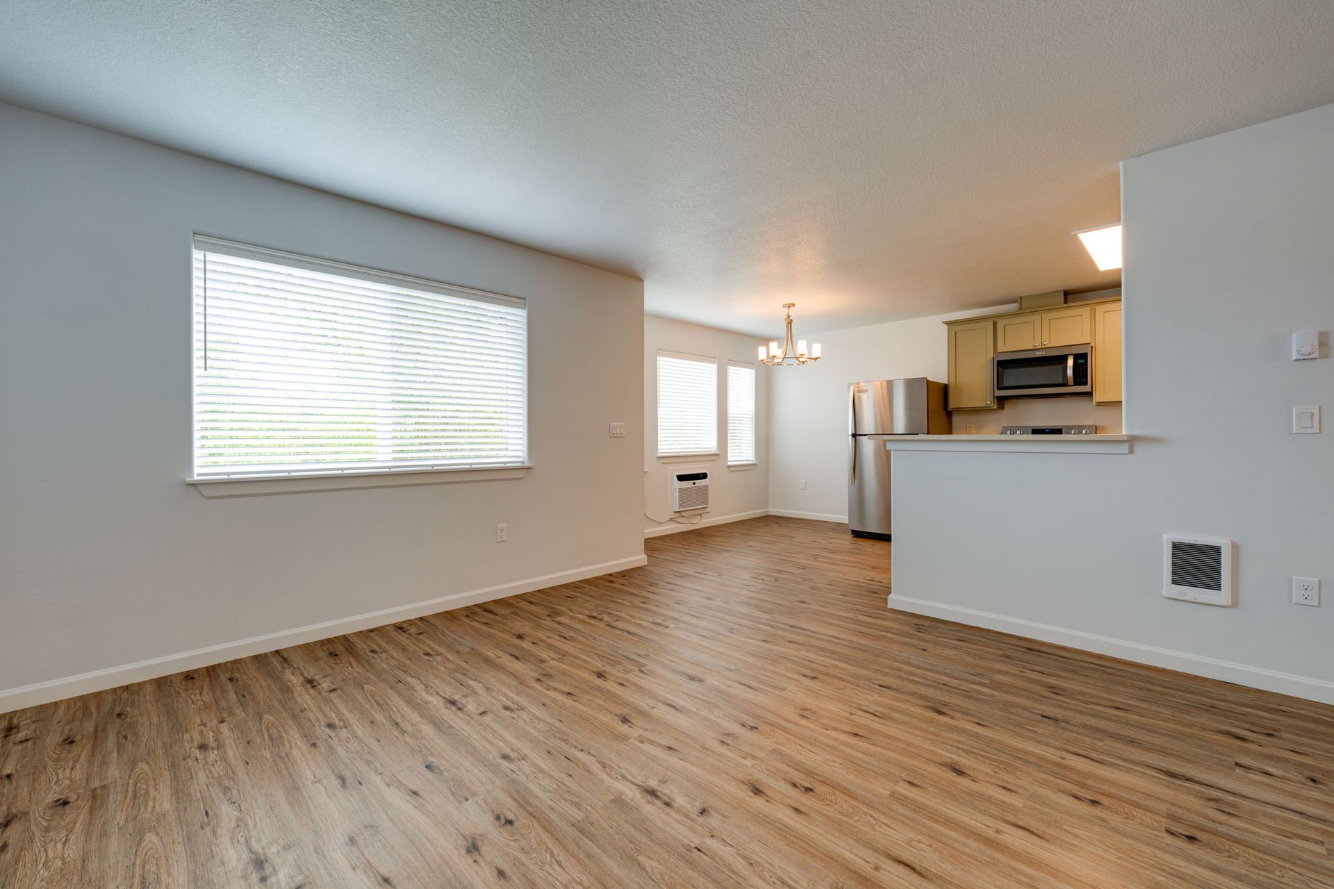 view from living room to dining room and kitchen