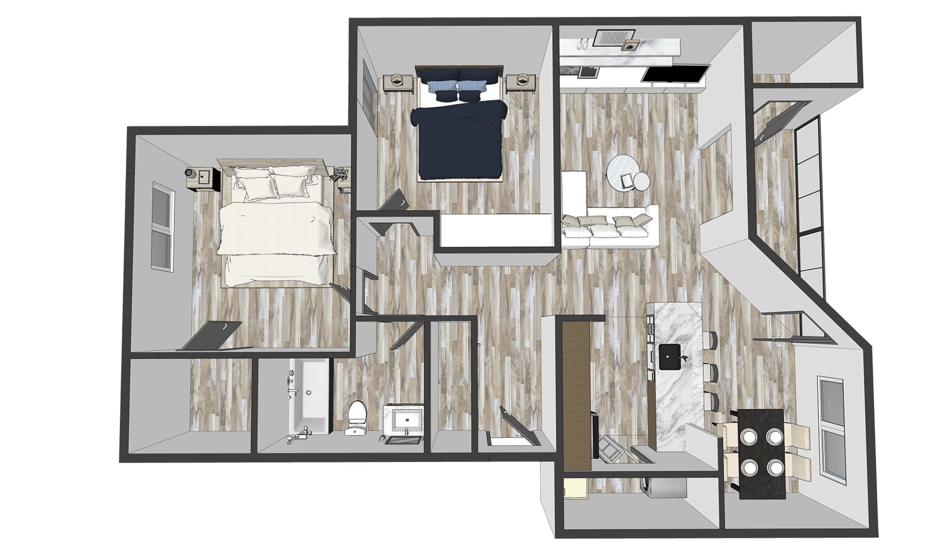 2 bed, 1 bath floor plan
