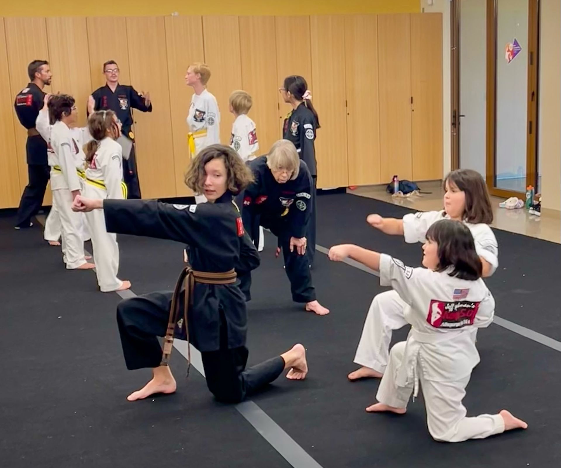 An aerial view of a city skyline at sunset.