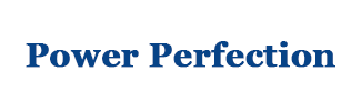The power perfection logo is blue and white on a white background.