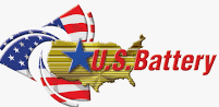 A logo for u.s. battery with a map of the united states and american flags.