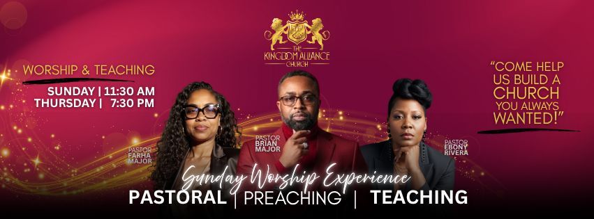 Church promotional banner. Three people; 