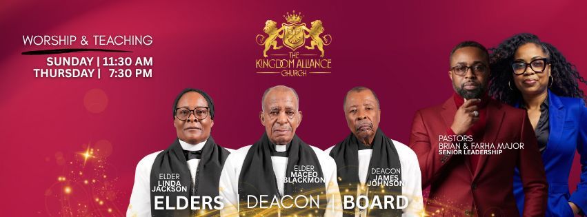 Church ad with people, times for worship and teaching.