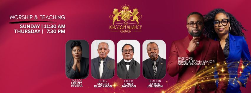 Church flyer with speaker lineup and schedule: Sundays at 11:30 am, Thursdays at 7:30 pm.