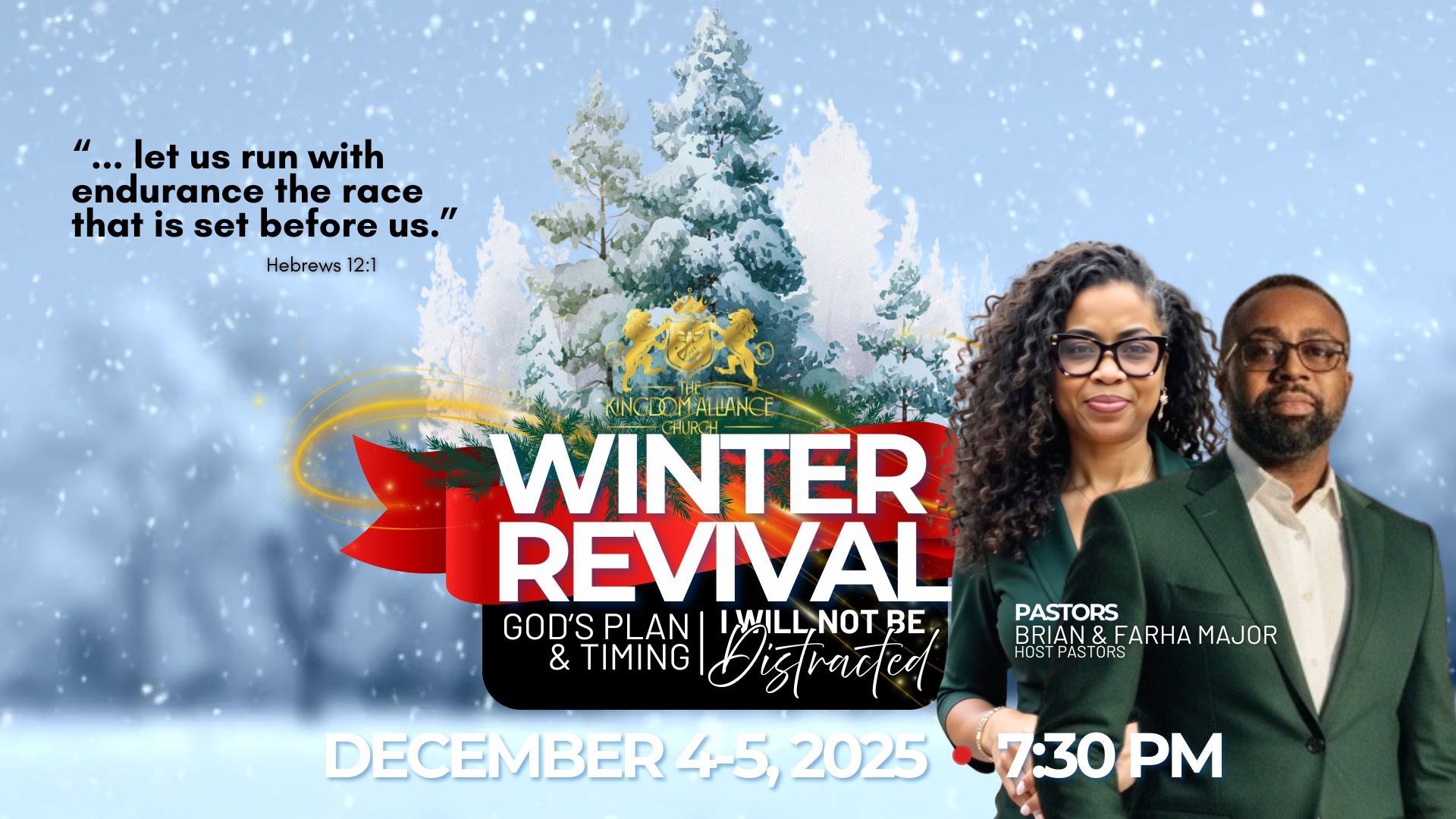 Winter revival event advertisement featuring a couple and text over a wintery background.