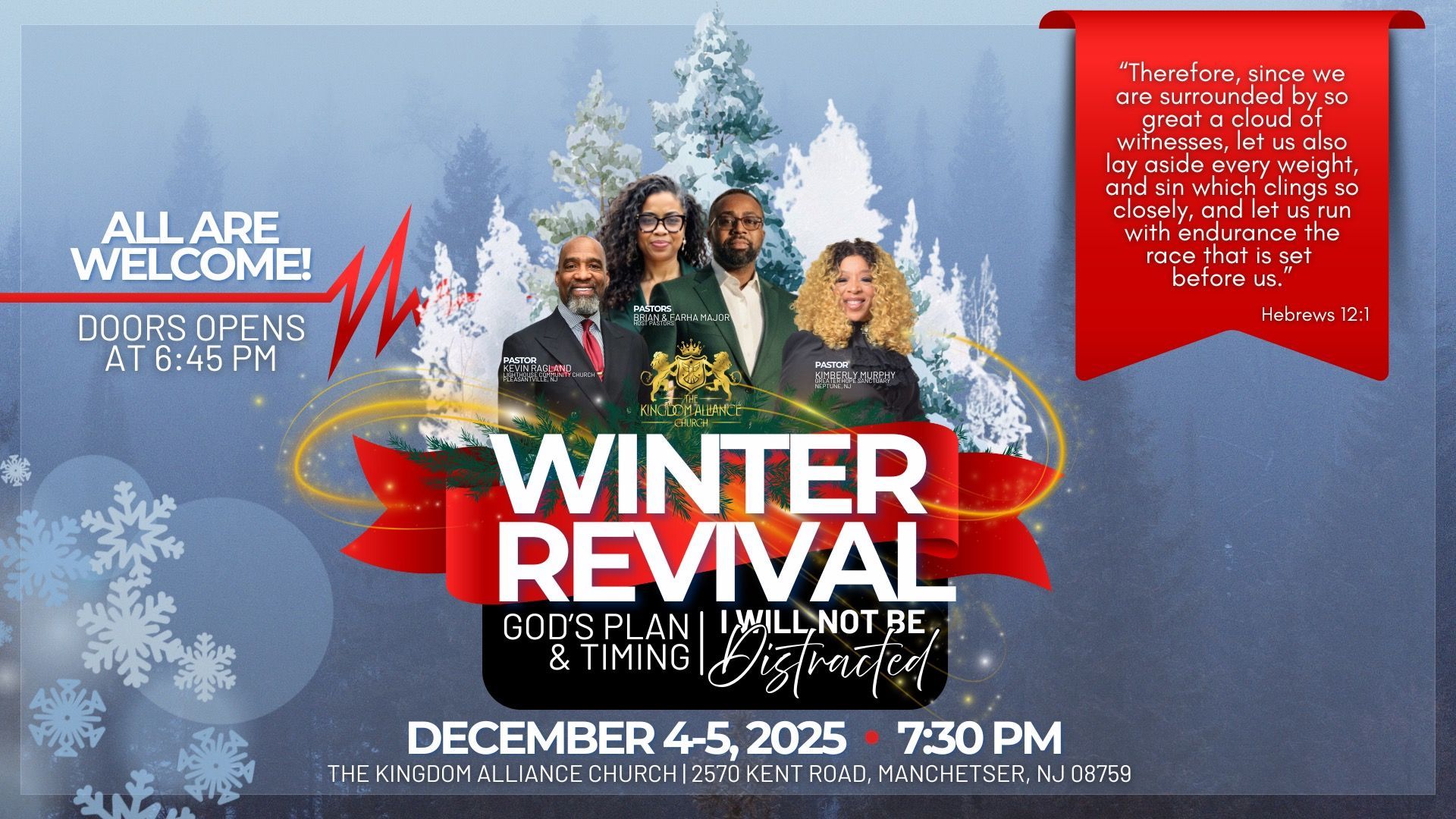 Winter Revival flyer with a group of people, event dates, and a Bible verse against a wintery background.