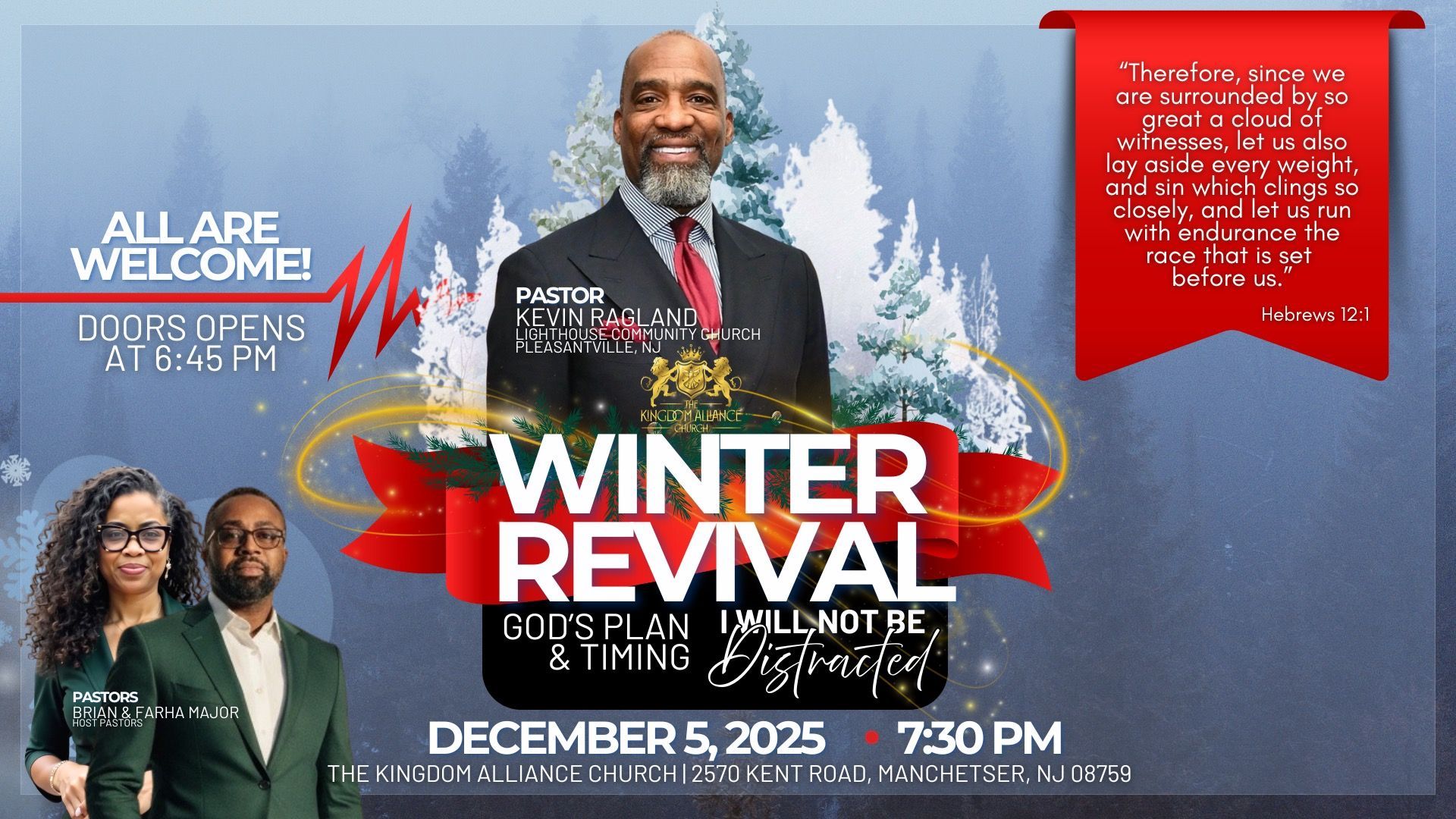 Winter Revival flyer with a pastor, couples, and winter background; December 5, 2025, 7:30 PM.