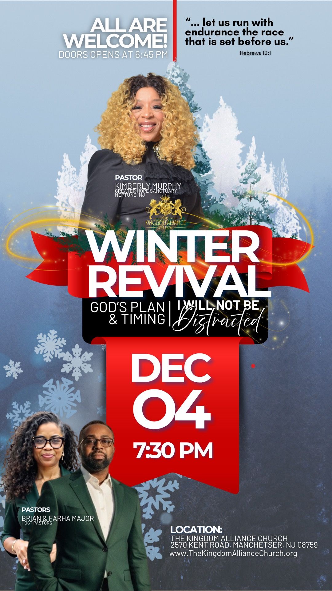Flyer for a winter revival event on December 4th at 7:30 PM. Features event hosts and speakers.