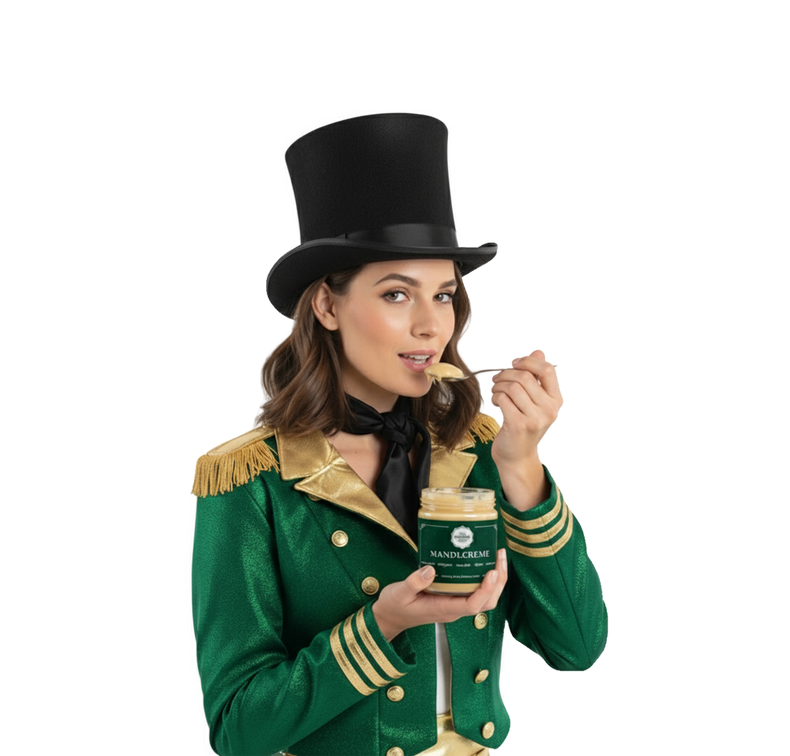 Frau mit Zylinder und grüner Jacke isst aus einem Einmachglas und hält einen Löffel in der Hand.