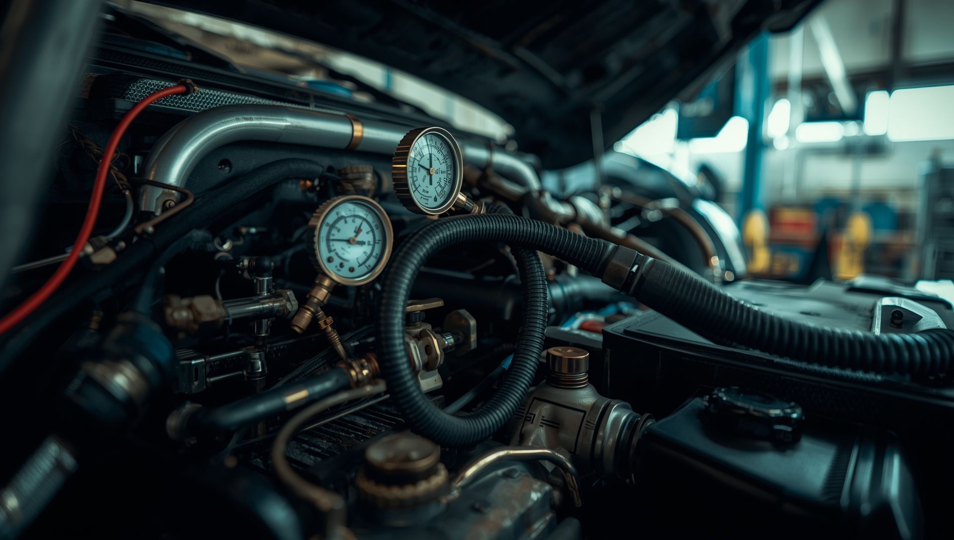 Mechanic checking a car AC system with diagnostic tools