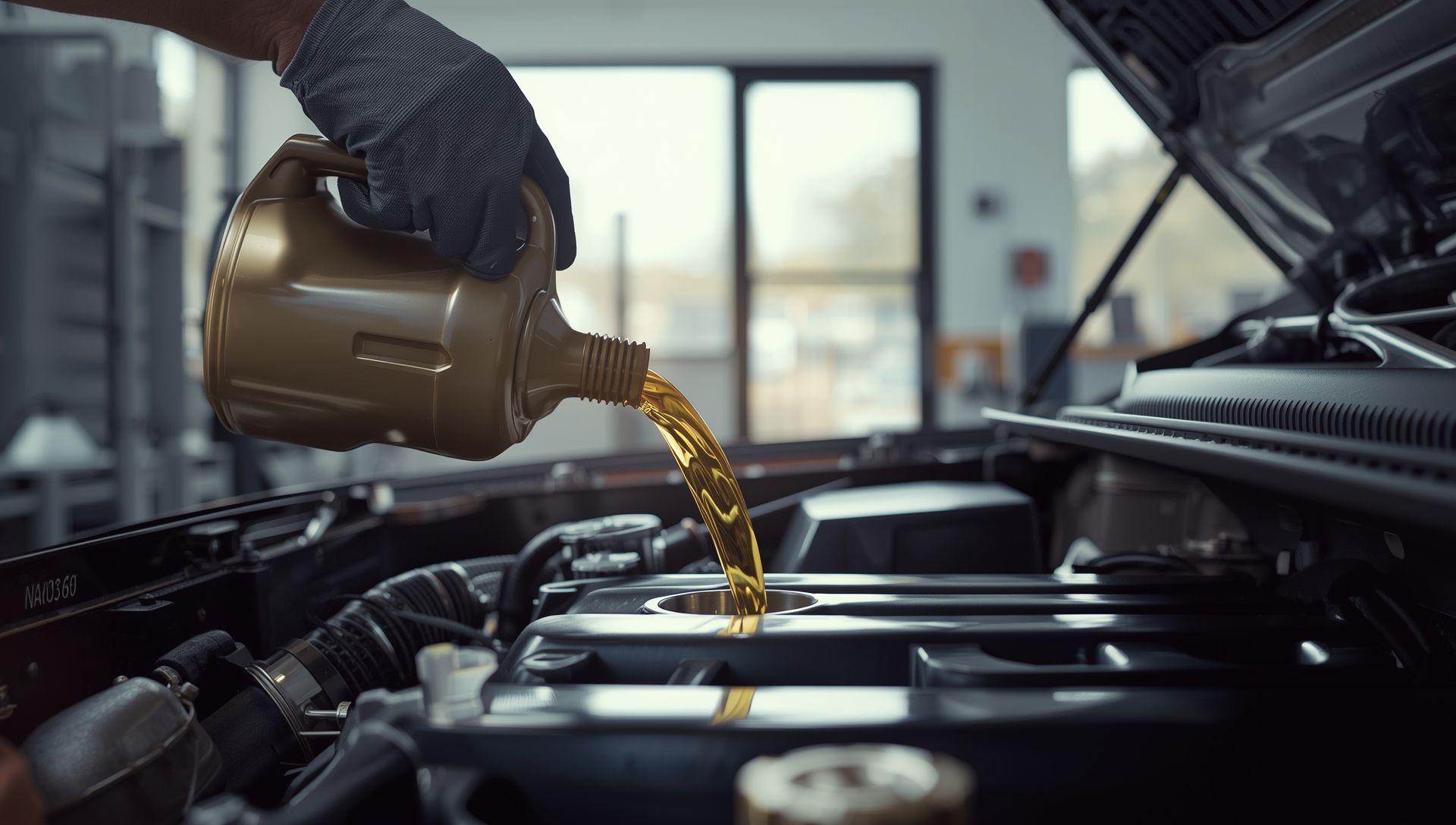 Close-up of golden engine oil being poured into a car engine during an oil change at The Auto Clinic