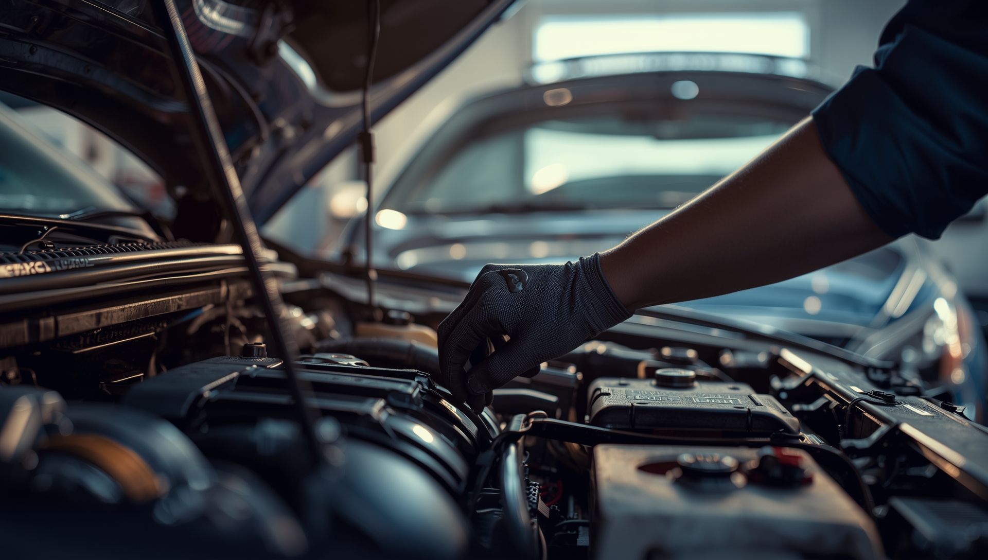 Close-up of mechanic working under the hood of a car at The Auto Clinic in Jonesboro, AR, showcasing