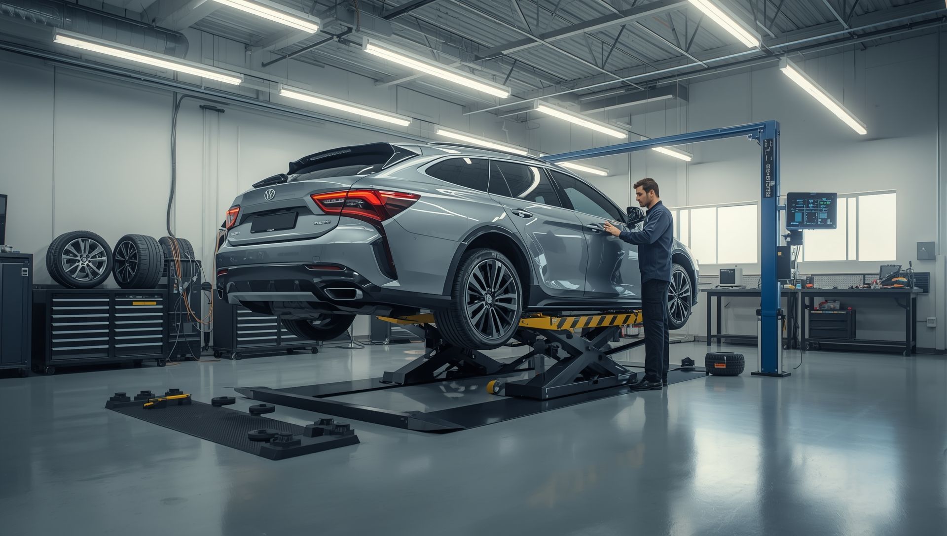 Auto technician performing wheel alignment service on a vehicle