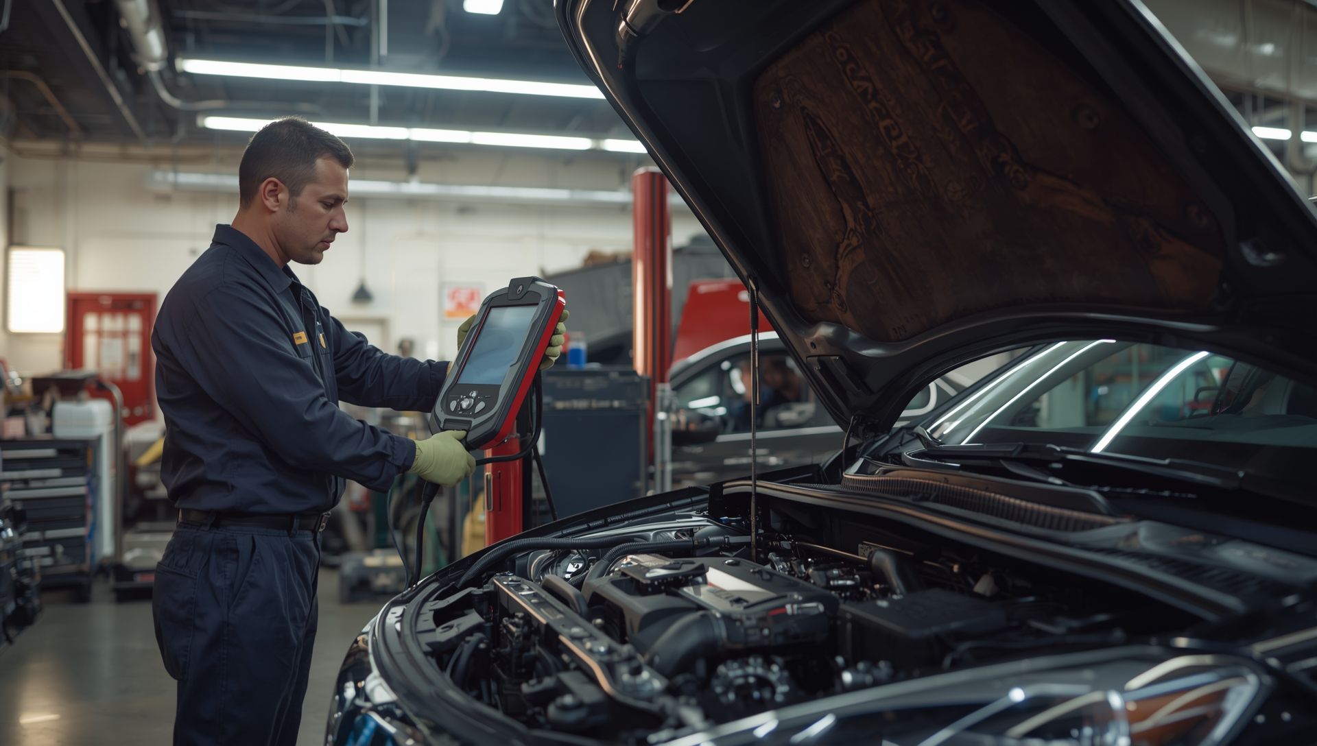 Auto technician inspecting a car transmission with advanced tools in a modern Keller TX repair shop.