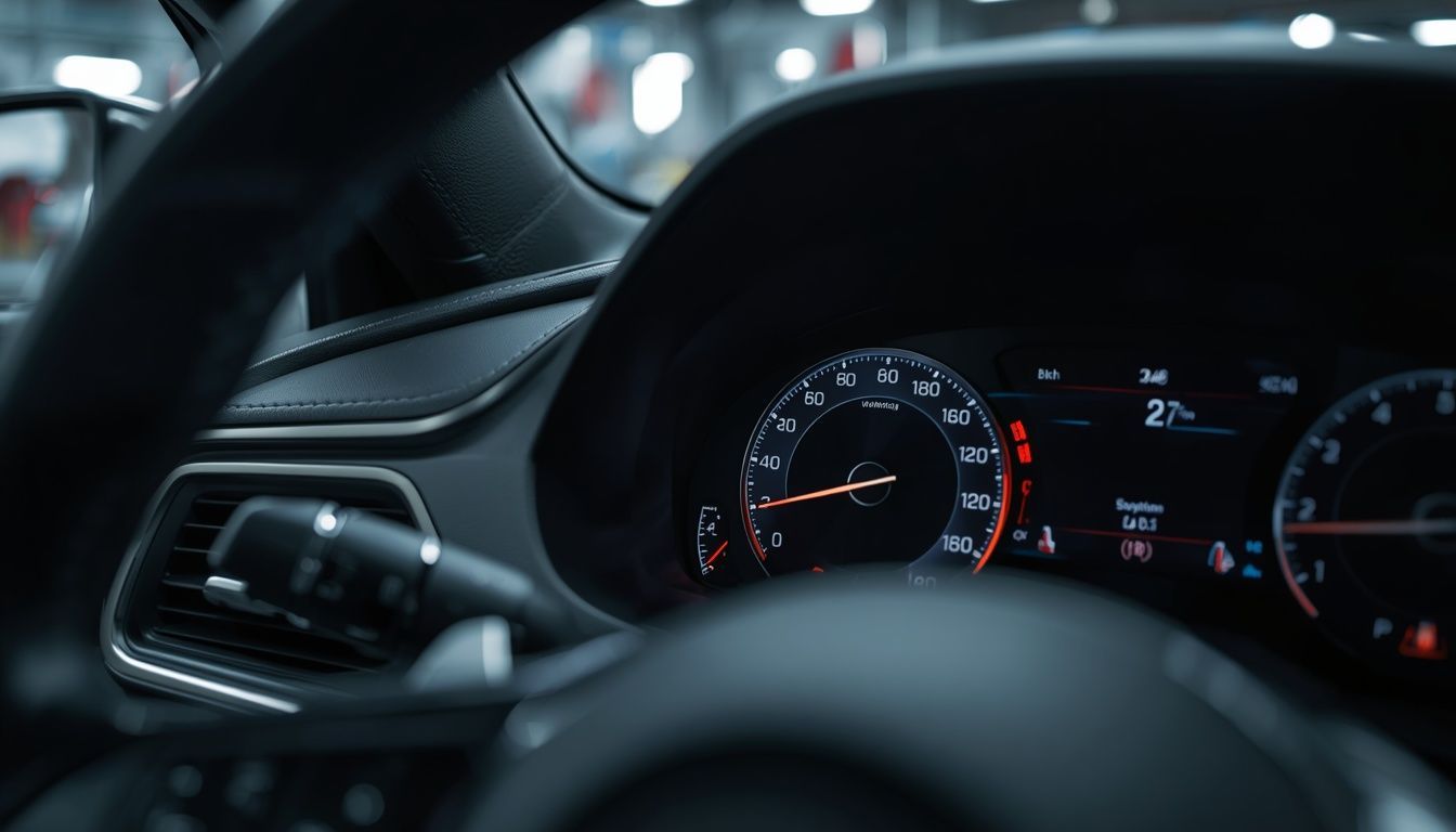 Modern car dashboard displaying an illuminated check engine light