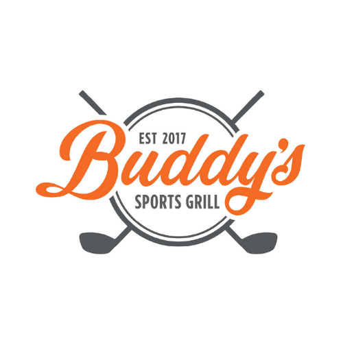 The logo for buddy 's sports grill has two golf clubs crossed in a circle.