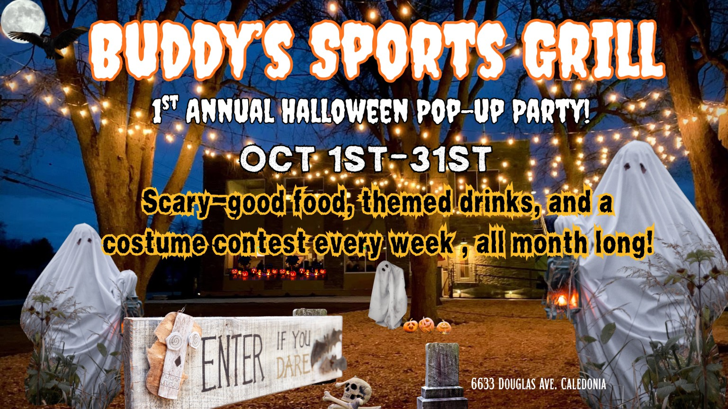 Buddy's Sports Grill Halloween pop-up party ad. Ghosts, themed drinks, costume contest.