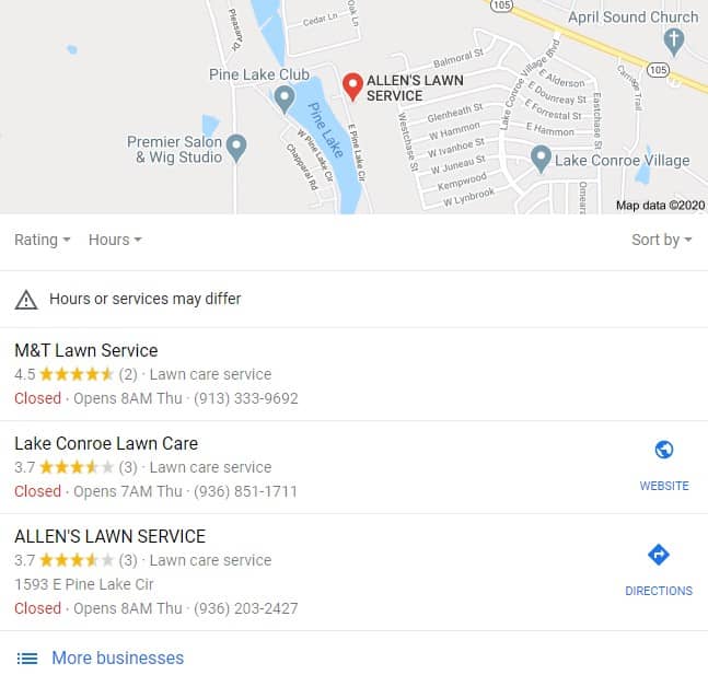 Picture of a Google Maps results showing businesses with well optimized SEO on their Website