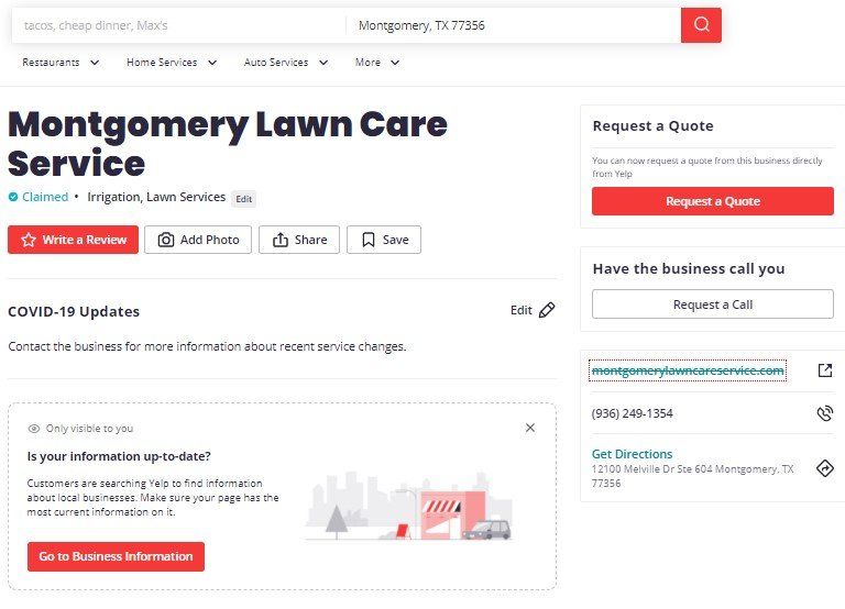 Picture of a yelp business listing citation for Montgomery Lawn Care Service
