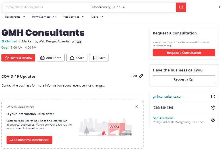 Picture of yelp directory listing for GMH Consultants Business Consultants and Digital Marketing