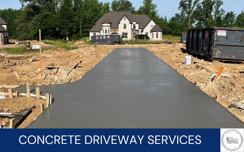 image of a new concrete driveway in memphis, with text underneath that says concrete driveway services, and the Cancino Concrete logo on the bottom right