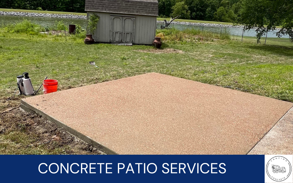 image of a new concrete patio, with text at the bottom that says concrete patio services, along with the Cancino Concrete logo in the bottom right