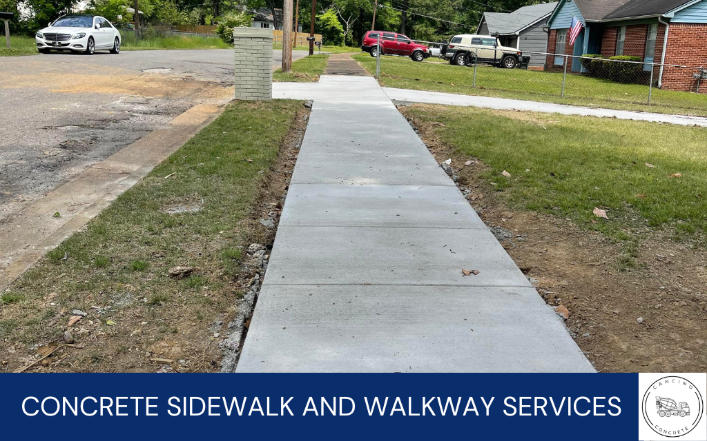 image of a fresh new concrete walkway, along with text at the bottom that says concrete sidewalk and walkway services, along with the Cancino Concrete logo in the bottom right corner