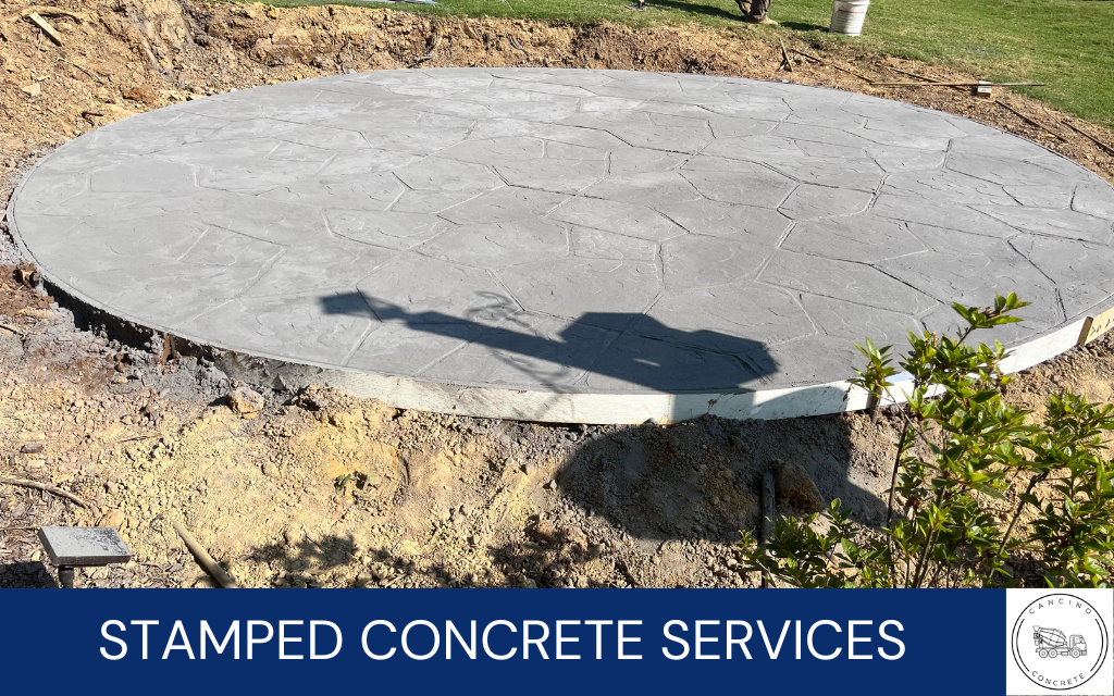 image of a stamped concrete patio, with text underneath that says stamped concrete services, and the Cancino Concrete logo in the bottom right